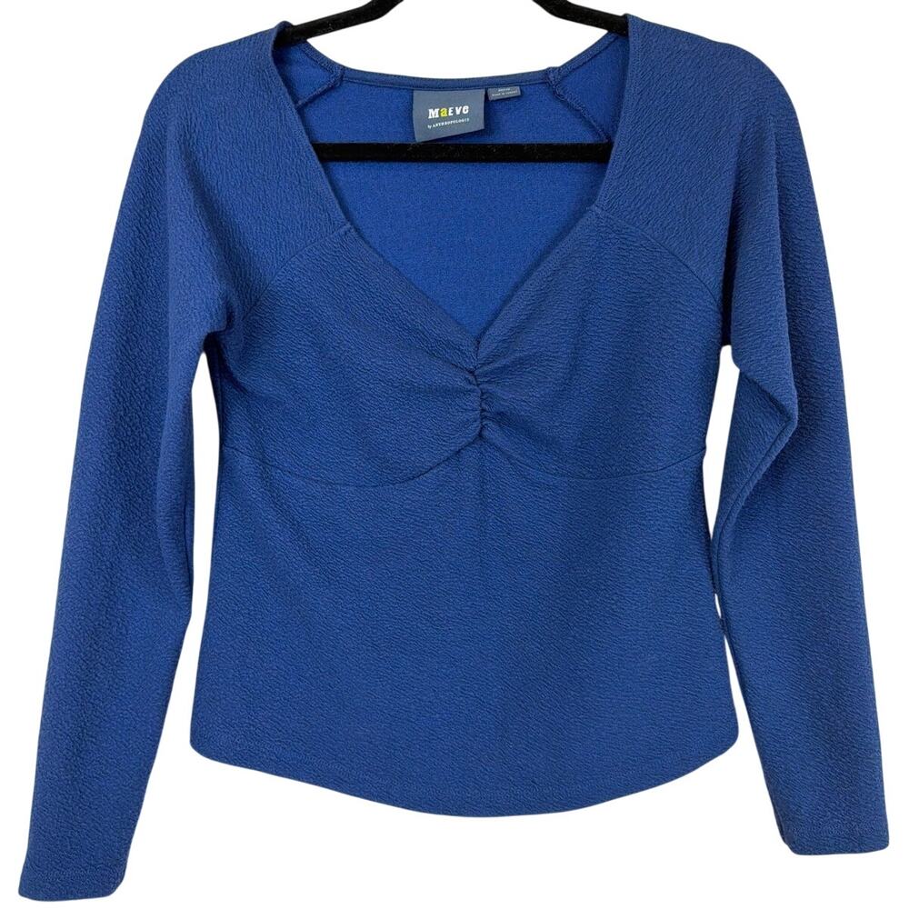 Maeve Anthropologie Blue Gathered Chest V Neck Cotton Blend Knit Top Size Medium